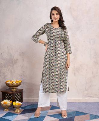  khaki linen silk floral printed straight kurta 1