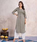  khaki linen silk floral printed straight kurta