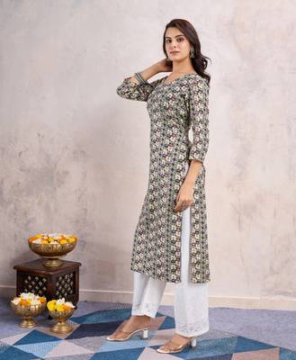  khaki linen silk floral printed straight kurta 2