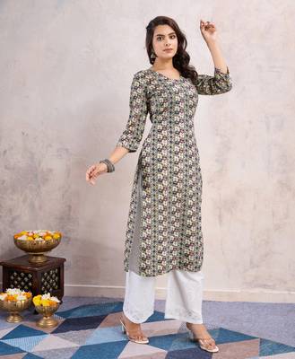  khaki linen silk floral printed straight kurta 3