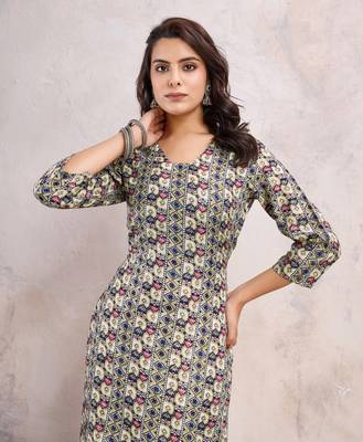  khaki linen silk floral printed straight kurta 4