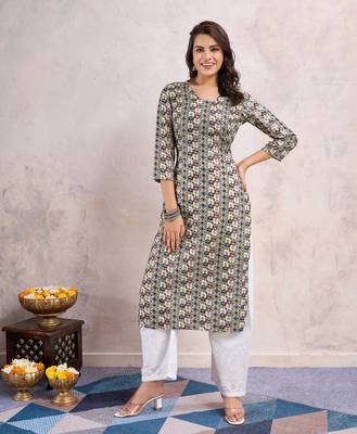  khaki linen silk floral printed straight kurta 5