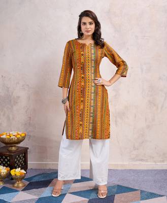  mustard linen silk floral printed straight kurta 1
