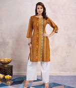  mustard linen silk floral printed straight kurta