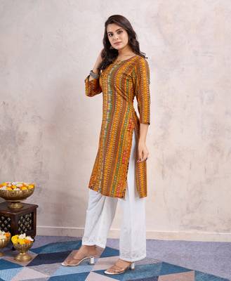  mustard linen silk floral printed straight kurta 2