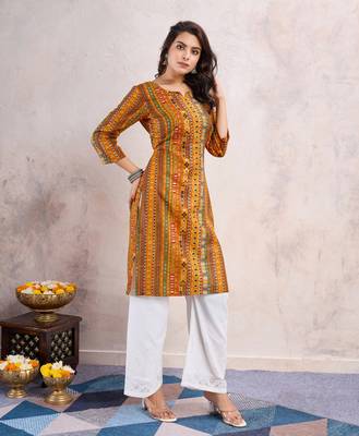  mustard linen silk floral printed straight kurta 3