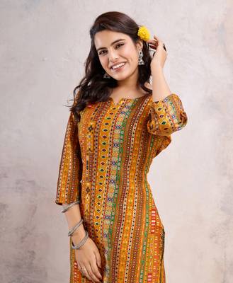  mustard linen silk floral printed straight kurta 4