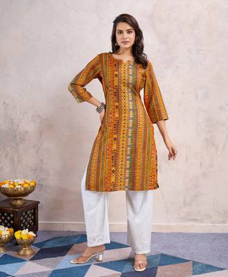  mustard linen silk floral printed straight kurta 5