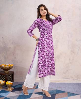  purple linen silk geometric printed straight kurta 3