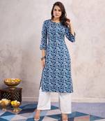  blue linen silk geometric printed straight kurta