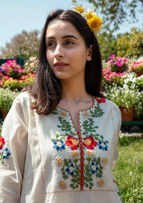 Cotton Kurta and Pant Set in Off-White with Embroidery 2