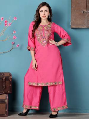 Ethnovog ready to wear pink art silk embroidered kurta sets 1