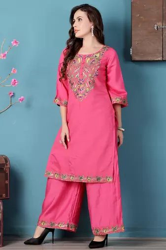 Ethnovog ready to wear pink art silk embroidered kurta sets