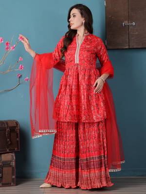 Ethnovog ready to wear red chinon digital printed palazzo suit 1