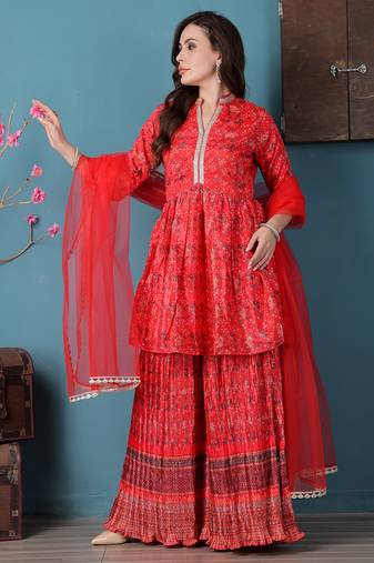 Ethnovog ready to wear red chinon digital printed palazzo suit