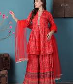 Ethnovog ready to wear red chinon digital printed palazzo suit