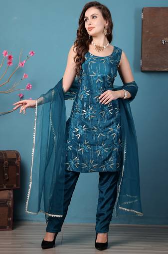 Ethnovog ready to wear teal green crepe embroidered salwar kameez