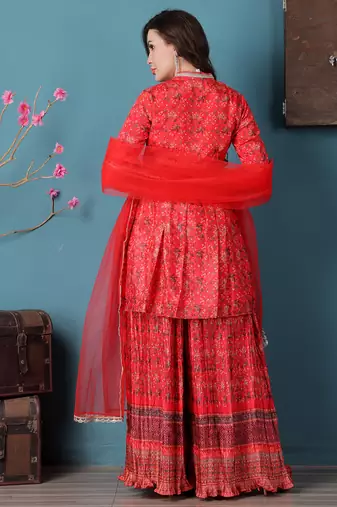 Ethnovog ready to wear red chinon digital printed palazzo suit