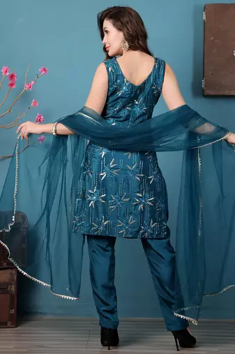 Ethnovog ready to wear teal green crepe embroidered salwar kameez