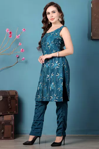 Ethnovog ready to wear teal green crepe embroidered salwar kameez