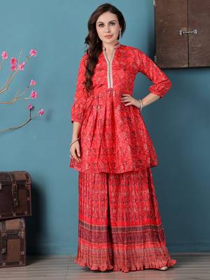 Ethnovog ready to wear red chinon digital printed palazzo suit 3
