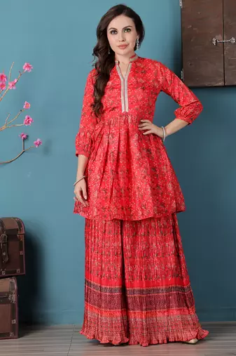 Ethnovog ready to wear red chinon digital printed palazzo suit