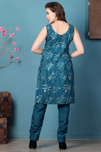 Ethnovog ready to wear teal green crepe embroidered salwar kameez