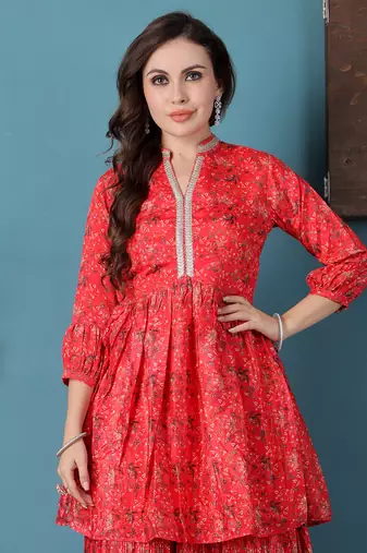Ethnovog ready to wear red chinon digital printed palazzo suit