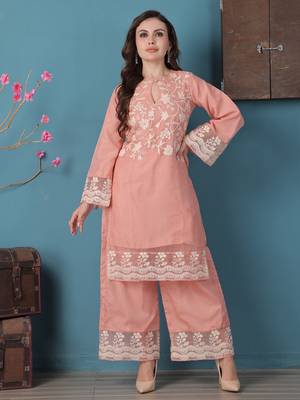 Ethnovog ready to wear peach embroidered organza kurta palazzo sets 1