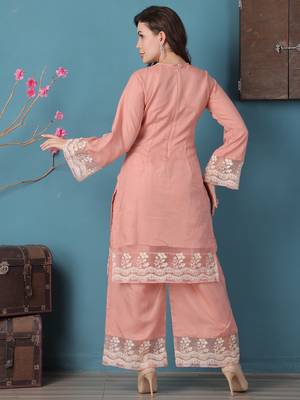 Ethnovog ready to wear peach embroidered organza kurta palazzo sets 2