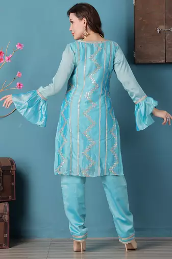 Ethnovog ready to wear sea green rangoli indowestern set with jacket