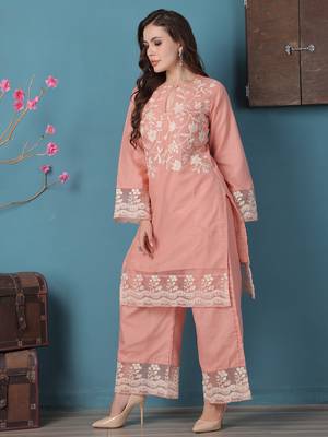 Ethnovog ready to wear peach embroidered organza kurta palazzo sets 3
