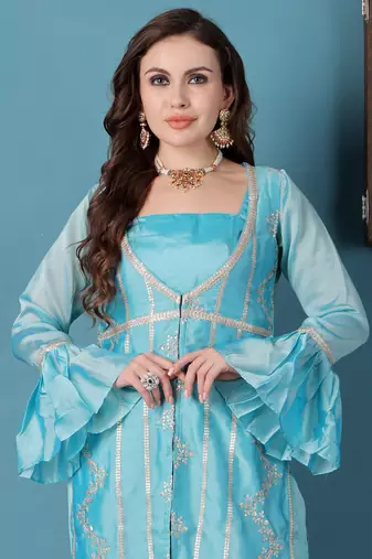 Ethnovog ready to wear sea green rangoli indowestern set with jacket