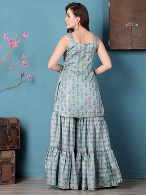 Ethnovog ready to wear green art silk digital printed gharara suit 2