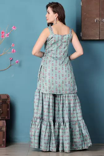 Ethnovog ready to wear green art silk digital printed gharara suit