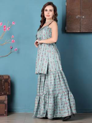 Ethnovog ready to wear green art silk digital printed gharara suit 3