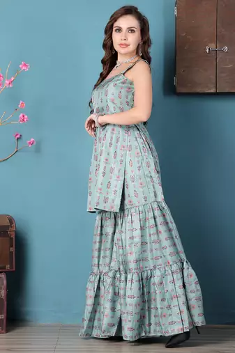 Ethnovog ready to wear green art silk digital printed gharara suit