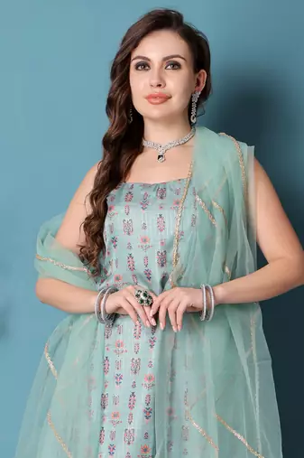 Ethnovog ready to wear green art silk digital printed gharara suit
