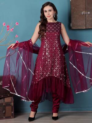Ethnovog ready to wear wine georgette asymmetrical straight pant suit 1