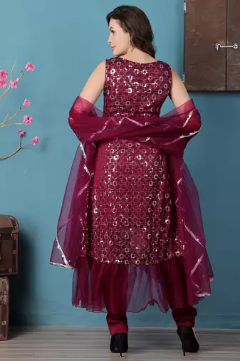 Ethnovog ready to wear wine georgette asymmetrical straight pant suit