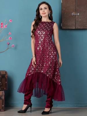 Ethnovog ready to wear wine georgette asymmetrical straight pant suit 3