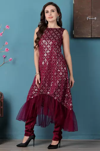 Ethnovog ready to wear wine georgette asymmetrical straight pant suit