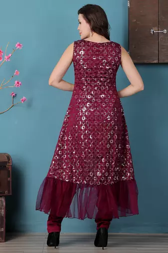 Ethnovog ready to wear wine georgette asymmetrical straight pant suit