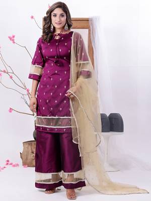 Ethnovog ready to wear wine art silk embroidered palazzo suit 1