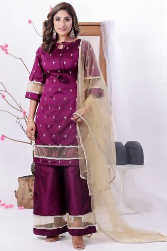 Ethnovog ready to wear wine art silk embroidered palazzo suit