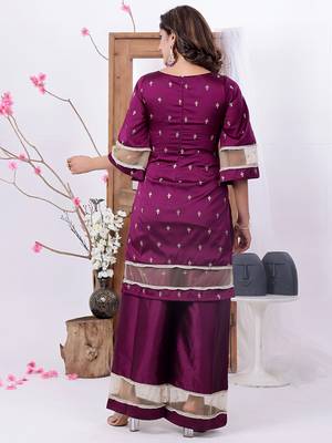 Ethnovog ready to wear wine art silk embroidered palazzo suit 2