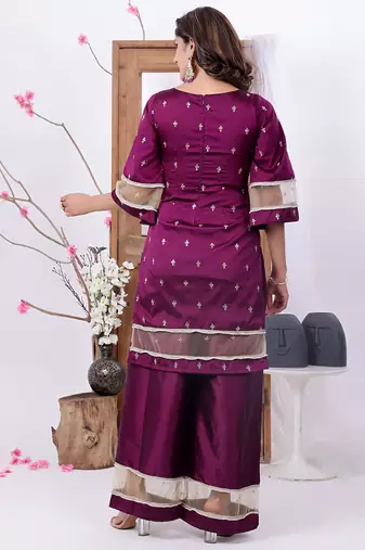 Ethnovog ready to wear wine art silk embroidered palazzo suit