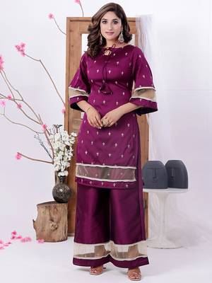 Ethnovog ready to wear wine art silk embroidered palazzo suit 3