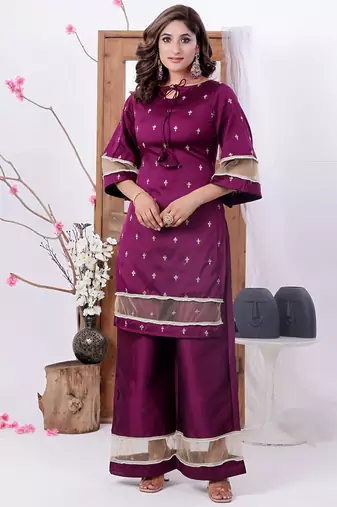 Ethnovog ready to wear wine art silk embroidered palazzo suit