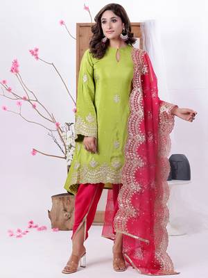 Ethnovog ready to wear green n pink crepe embroidered dhoti suit set 1